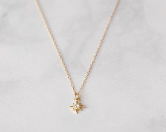 Dainty Star Charm Necklace, Celestial tiny Necklace, 14k Gold filled Diamond North Star Pendant Necklace, Gift For Best Friend, Layering