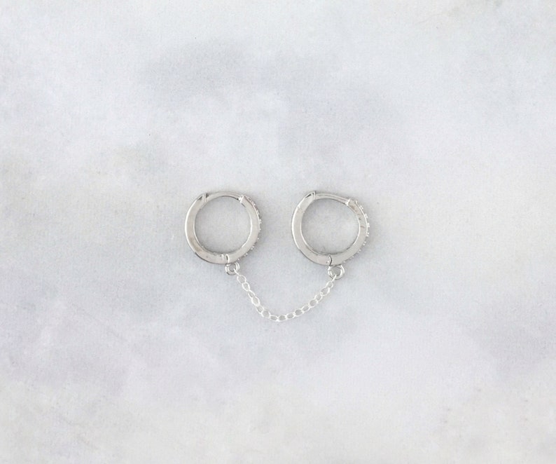 Double Piercing Earring, Double Hoop Earrings, Sterling Silver Chain Earrings, Sparkly CZ Double Hoops, Double Chain Huggie, Diamond Hoops image 7