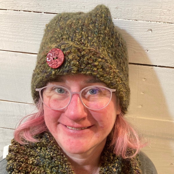 Fun soft hat set unique gift women or teen, green matching hat and infinity scarf, warm winter handmade knit hat and cowl, can be customized