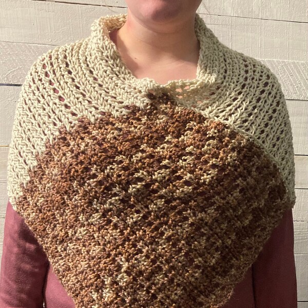 Handmade brown & cream poncho, warm soft poncho for women or teens, knit poncho sweater, unique gift, winter travel poncho wrap, made in USA