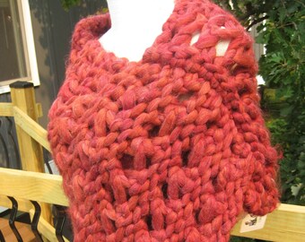 Handmade chunky warm travel poncho for women/teens, heavy hand knit poncho sweater, unique gift, winter poncho wrap, red poncho, made in USA