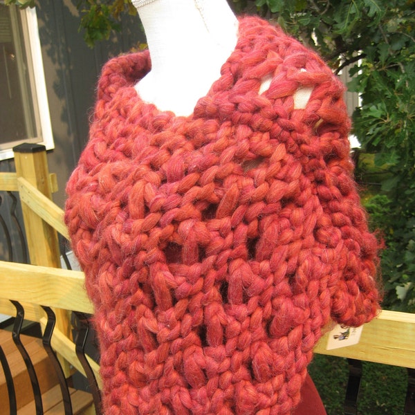 Handmade chunky warm travel poncho for women/teens, heavy hand knit poncho sweater, unique gift, winter poncho wrap, red poncho, made in USA