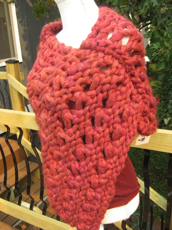Handmade chunky warm travel poncho for women/teens, heavy hand knit poncho sweater, unique gift, winter poncho wrap, red poncho, made in USA