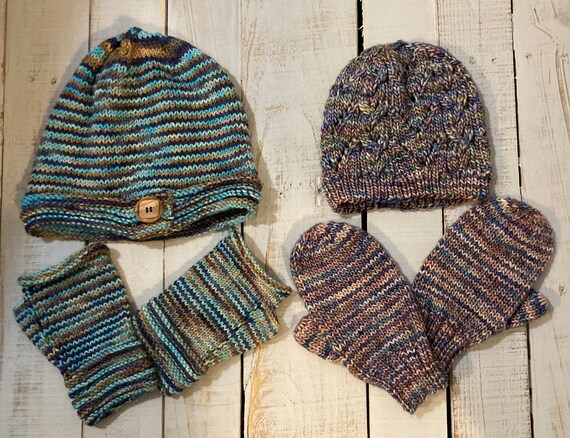 Soft mitten hat wool sets women/teen, pink, blue, brown matching hat & mittens/fingerless, warm winter handmade knit set, can be customized