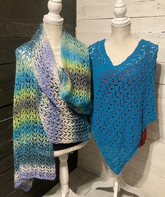Vintage Lace Teal Ponchos, lightweight warm hand knit poncho, unique gift women/teen, travel poncho wrap, handmade soft poncho, made in USA