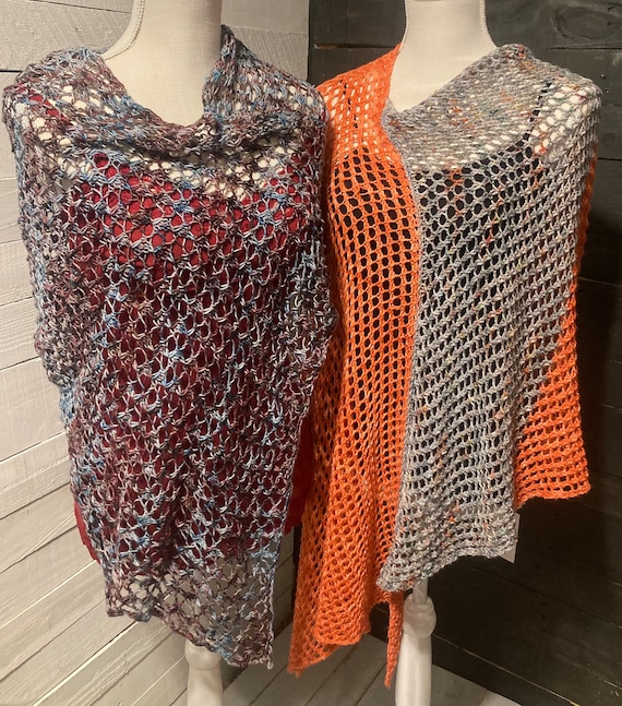 Vintage Lace Blues & Orange Ponchos, lightweight soft warm hand knit poncho, unique gift women/teen, travel wrap handmade poncho made in USA