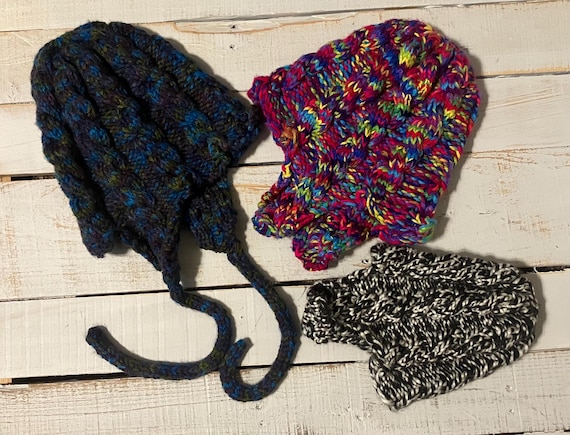 Handmade knit cable hats, rainbow or blue cable hats with ear flaps, handmade warm winter hats, unique gift adult and child, USA made