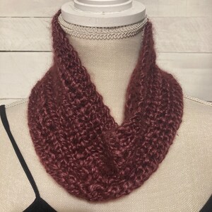 Burgundy infinity scarf, trendy travel cowl scarf, unique gift for women/teens, warm soft hand knit scarf, handmade knit scarf, made in USA