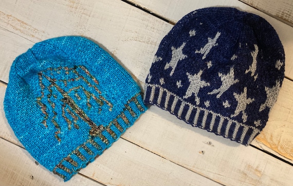 Starry Night and Willow Tree Hat, star hat, tree hat, handmade warm winter knit hats, unisex, unique gift men, women, teen, made in USA