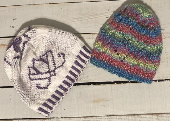 Rainbow chevron cable hat and lotus flower hat, handmade knit hat, soft warm winter hat, unique gift for women and teens, made in the USA