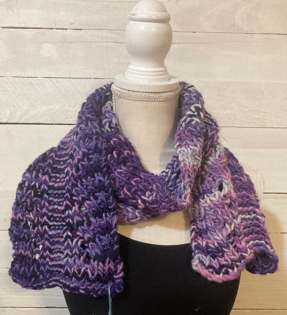 Purple warm scarf, hand knit travel scarf, unique gift women/teen, handmade wool scarf,  reversible scarf, purple multi scarf, made in USA
