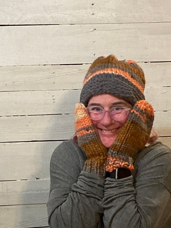 Warm orange/gray or green/red hat, cowl and mitten sets, handmade knit set, unique gift, can be custom made, gift for men  women, USA made