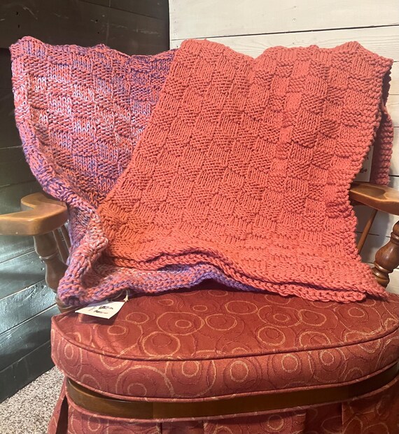 Handmade Pink & Purple Knit Blanket: Soft Basket Weave Throw, Made in USA