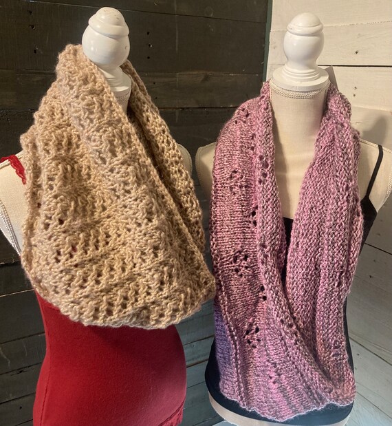 Handmade Knit Infinity Scarf: Pink, Purple, Brown Cowl Neck Warmer