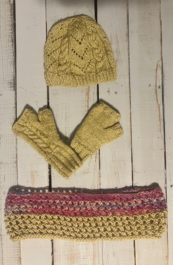 Hand Knit Winter Hat Set: Cable Knit, Fingerless Gloves, Cowl - USA Made