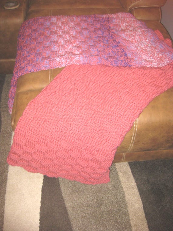 Pink and Purple Basket Weave Blanket, soft handmade knit throw for couch, unique gift adult or teen, warm cuddly winter blanket, made in USA