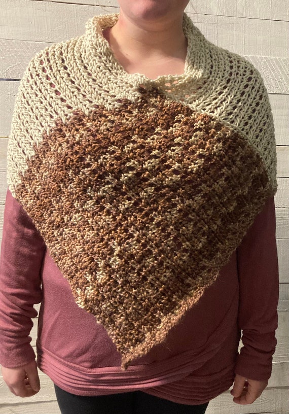 Handmade brown & cream poncho, warm soft poncho for women or teens, knit poncho sweater, unique gift, winter travel poncho wrap, made in USA