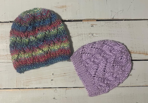 Cable chevron hats, lavender hat, rainbow hat, unique gift, warm winter knit hats, handmade hats made in USA,  can customized