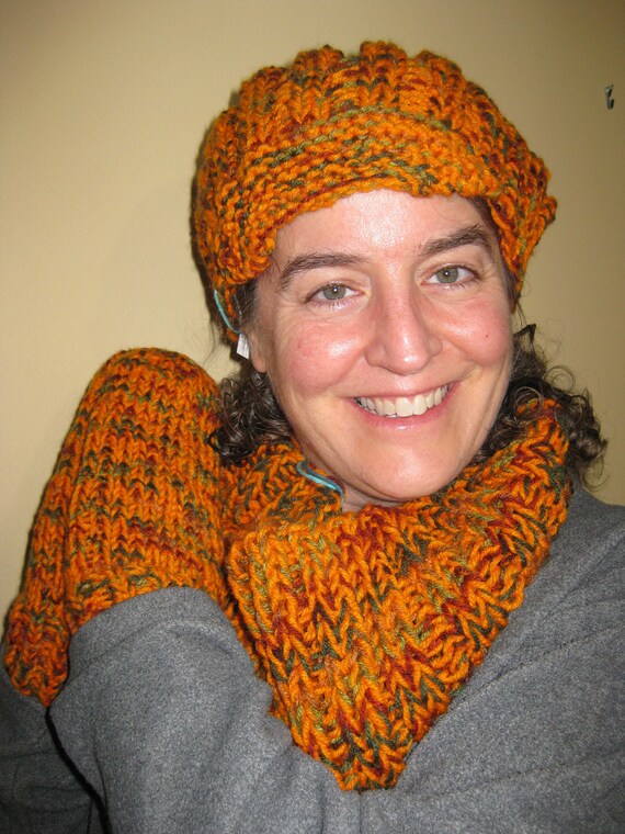 Warm orange hat, infinity scarf, and mittens, matching winter knit set, fun hat set women or teens, can be customized, handmade in USA