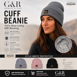 Gracie & Roo, Faraday Beanie 100% Silver EMF Protection, Blocking RF radiation for Gaming, Wi-Fi, 5g Radiation, Travel and Tech Beanie, OS.