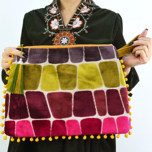 Large Velvet Clutch bag with Wristlet. Evening Purse with Pom poms