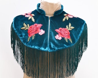Teal Blue Velvet Cape with Fringe and Embroidered Flowers. Handmade Western Wear.