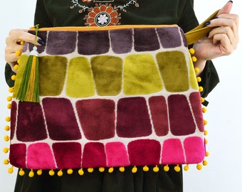 Large Velvet Clutch bag with Wristlet. Evening Purse with Pom poms