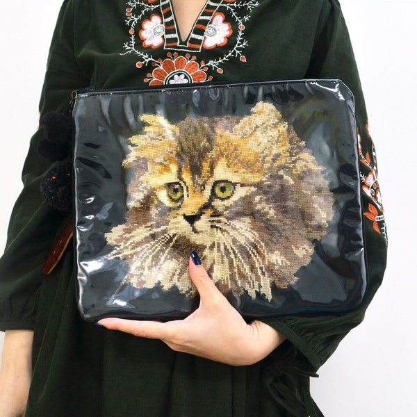 Cat Tapestry Clutch Zip Purse Bag with Black velvet. OOAK. Vintage Style Plastic covered Large Bag