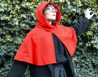 Red Fleece Cape with Hood. Short Pull On Cloak