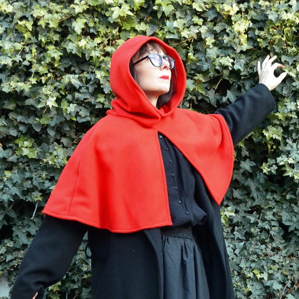 Red Fleece Cape with Hood. Short Pull On Cloak