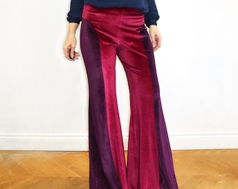 Pink with Purple Velvet Flared Pants Trousers. Two Tone Bell Bottoms with Side Panel.