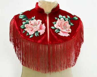 Red Velvet Cape with Fringe and Embroidered Flowers. Handmade Western Wear.