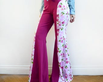 Pink Flared Leggings with Floral Side Panel. Cotton Lycra Bell Bottomed Trousers