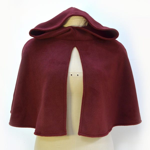 Dark Red Fleece Cape with Hood. Short Cloak Over Coat