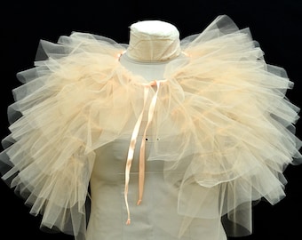 Peach Tulle Ruffled Cape. Handmade Mesh Frilly Capelet