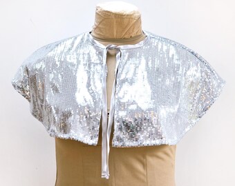 Sequin Cape in Silver. Handmade Sparkly Capelet
