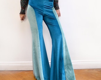 Teal Blue Velvet Flared Pants Trousers. Two Tone Bell Bottoms with Side Panel.