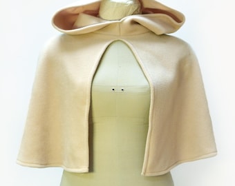 Beige Fleece Cape with Hood. Short Cloak Over Coat