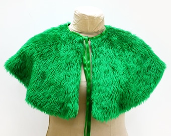 Green Faux Fur Cape with Ribbon Tie OOAK