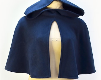 Navy Blue Fleece Cape with Hood. Short Cloak Over Coat