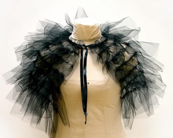 Black Tulle Ruffled Cape. Handmade Mesh Frilly Capelet