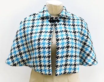 Turquoise and Black Hounds Tooth Cape: Handmade Victorian Style Wool Blend Capelet