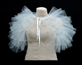 Off White Tulle Ruffled Cape. Ivory Mesh Frilly Capelet