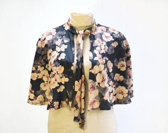 Black Blossom Print Floral Velvet Cape.