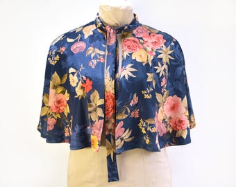 Navy Blue Floral Velvet Cape. Handmade Flower Print Capelet.
