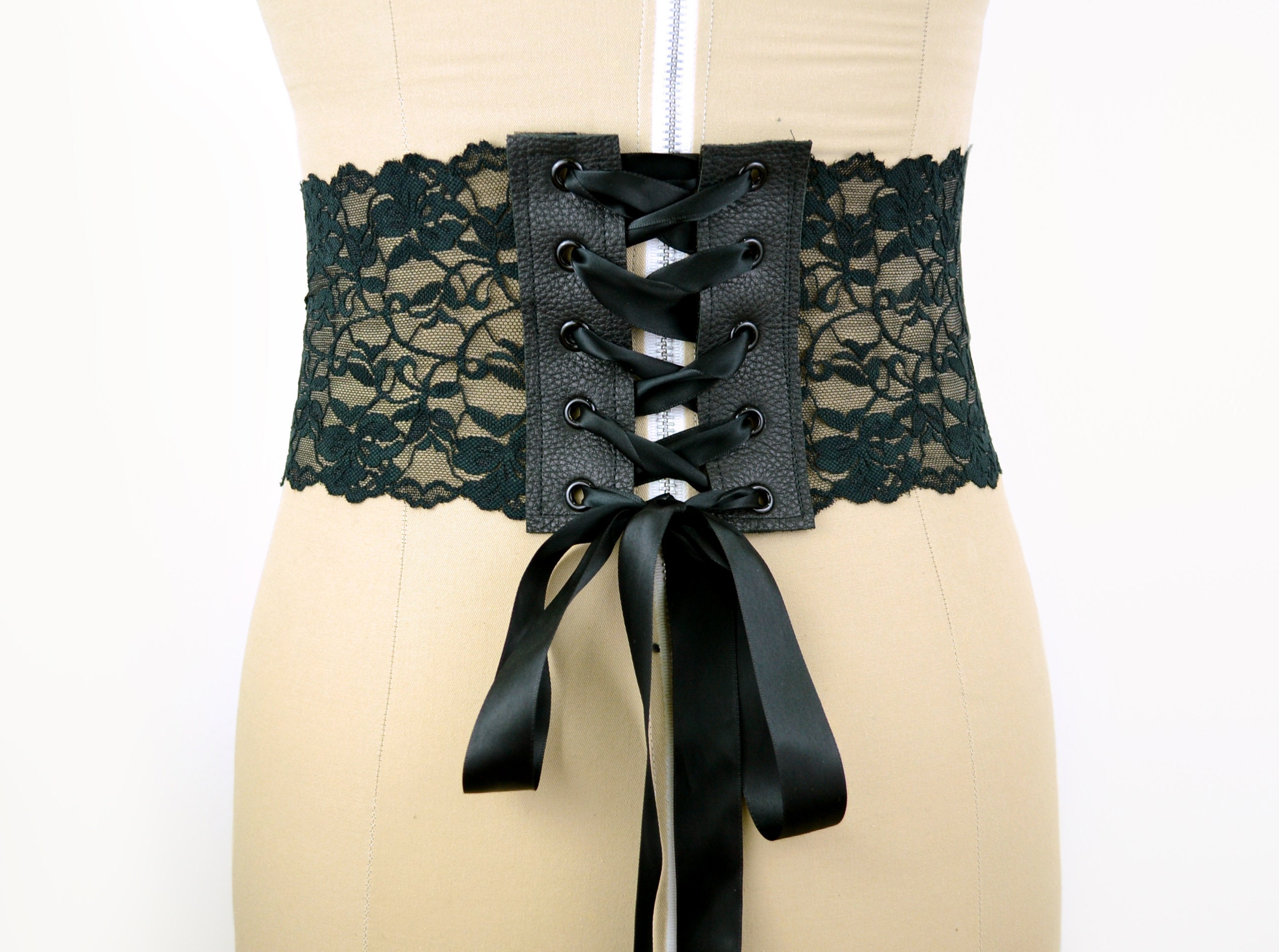 Black Leather and Lace Corset Style Waist Belt 