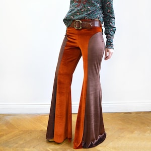 Brown and Rust Velvet Flared Pants Trousers. Two Tone Bell Bottoms with Side Panel.
