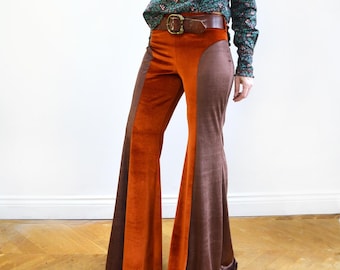 Brown and Rust Velvet Flared Pants Trousers. Two Tone Bell Bottoms with Side Panel.