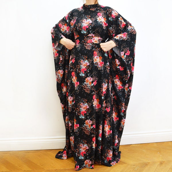 Black Floral Kaftan Dress, Vintage Style Maxi Dress