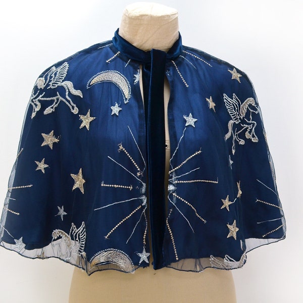 Celestial Embroidered Cape, Constellation Capelet, Navy Blue, star moon